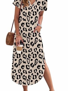 NWT Summer Beach Beige Leopard Print Midi Dress with Side Slit, Medium